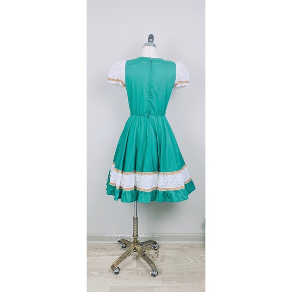 1970s Vintage Green 70s / Seventies Eyelet Puffed  Square Dance Dress / Medium - Picture 5 of 7